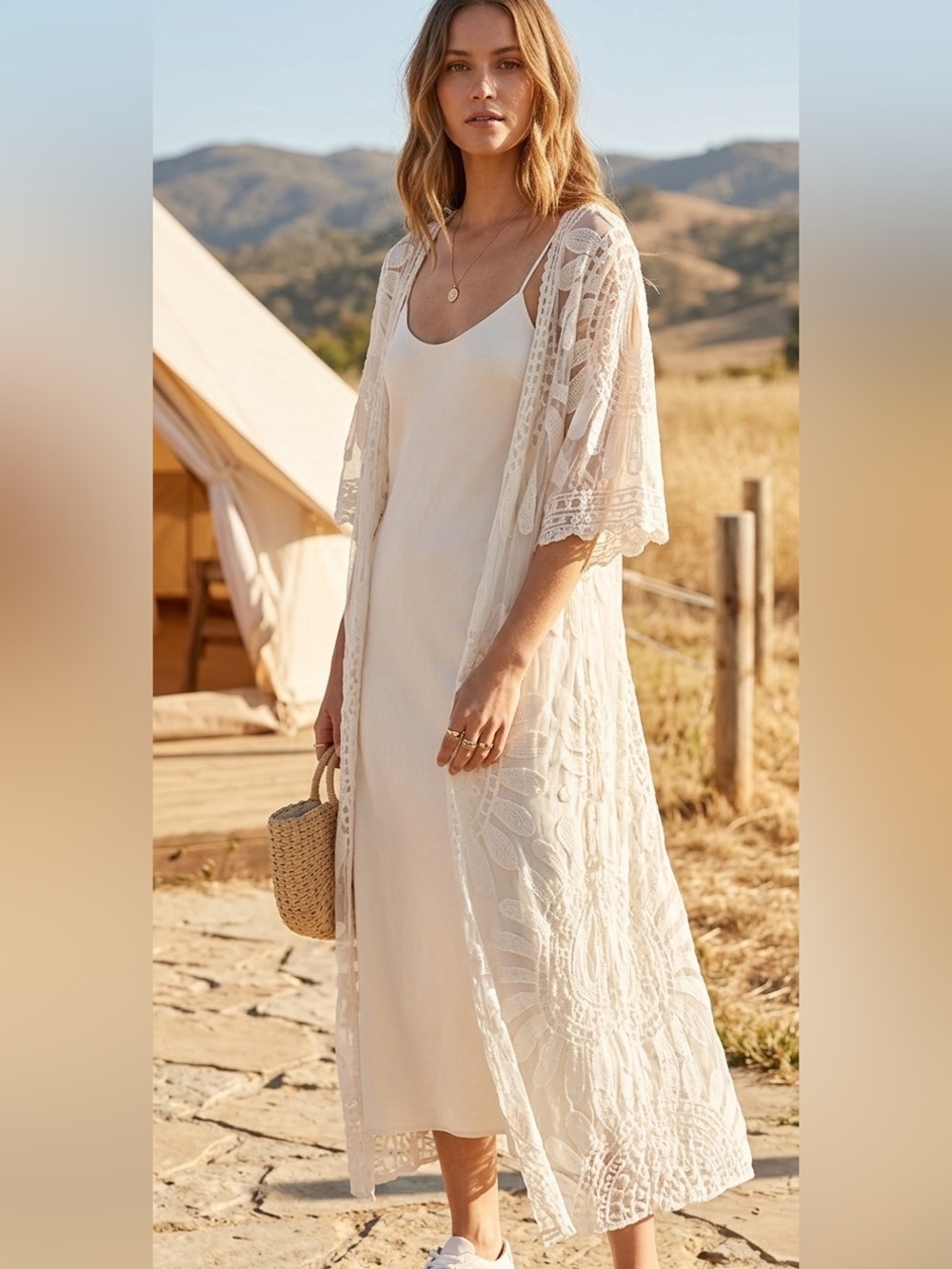 Forgotten Grace size M Boho Lace Duster Cream Openwork Kimono